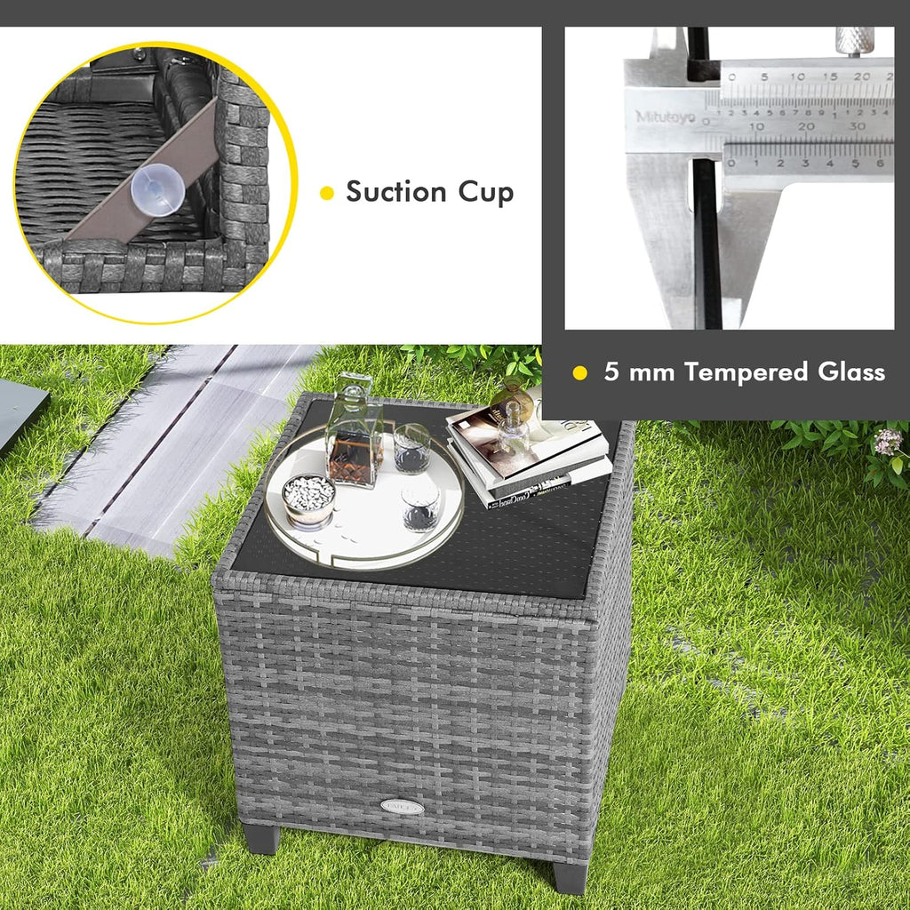 COSTWAY 3-Piece Patio Furniture Set, Outdoor Wicker Rattan Sofa with Cushions, Coffee Table with Tempered Glass, Conversation Sofa Set for Poolside Backyard Balcony (Grey)