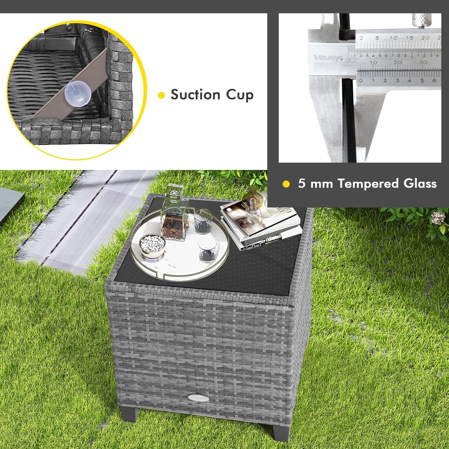 COSTWAY 3-Piece Patio Furniture Set, Outdoor Wicker Rattan Sofa with Cushions, Coffee Table with Tempered Glass, Conversation Sofa Set for Poolside Backyard Balcony (Grey)