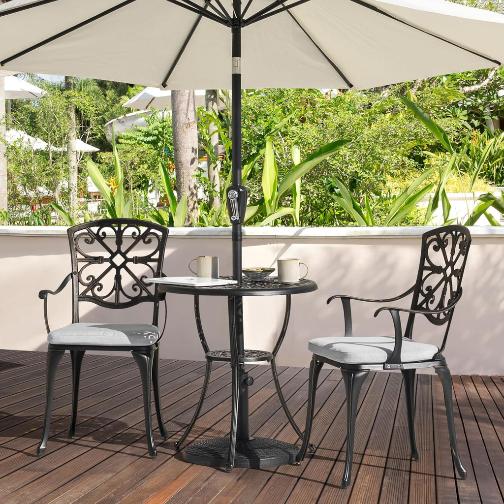 NUU GARDEN Bistro Set 3 Piece Outdoor All Weather Cast Aluminum Patio Bistro Set Patio Table and Chairs Set of 2 with Umbrella Hole and Grey Cushions for Backyard, Balcony, Lawn, Black