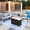 PHI VILLA Metal Patio Furniture Set with Fire Pit Table 6 Piece Modular Modern Outdoor Sectional Sofa Garden Bench Set with Wrought Iron, Light Grey Cushion