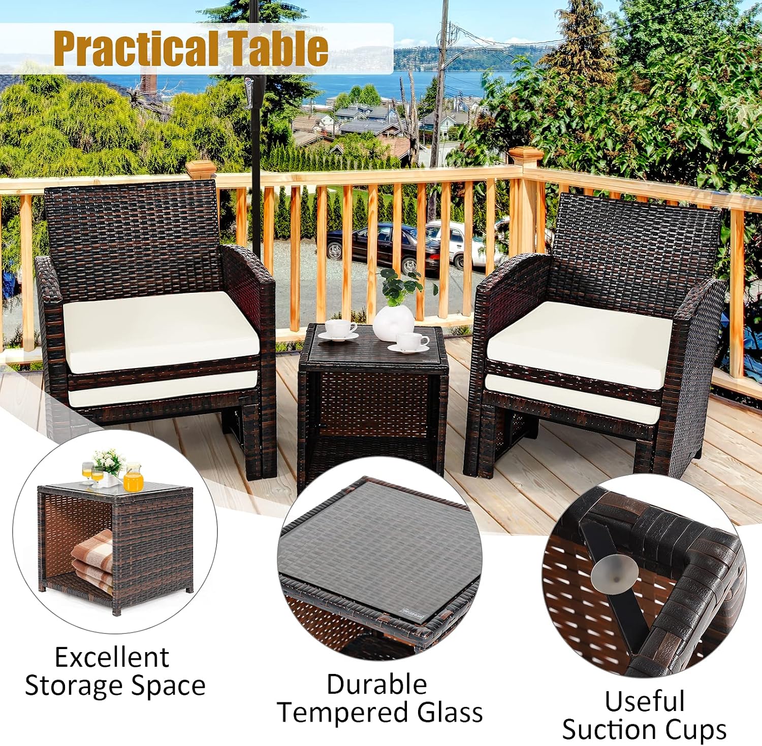 Tangkula 5 Pieces Wicker Patio Conversation Set, PE Rattan Outdoor Chairs & Ottomans Set with Single-Door Storage Coffee Table, Space-Saving Patio Furniture for Poolside, Backyard, Lawn, Deck (White)