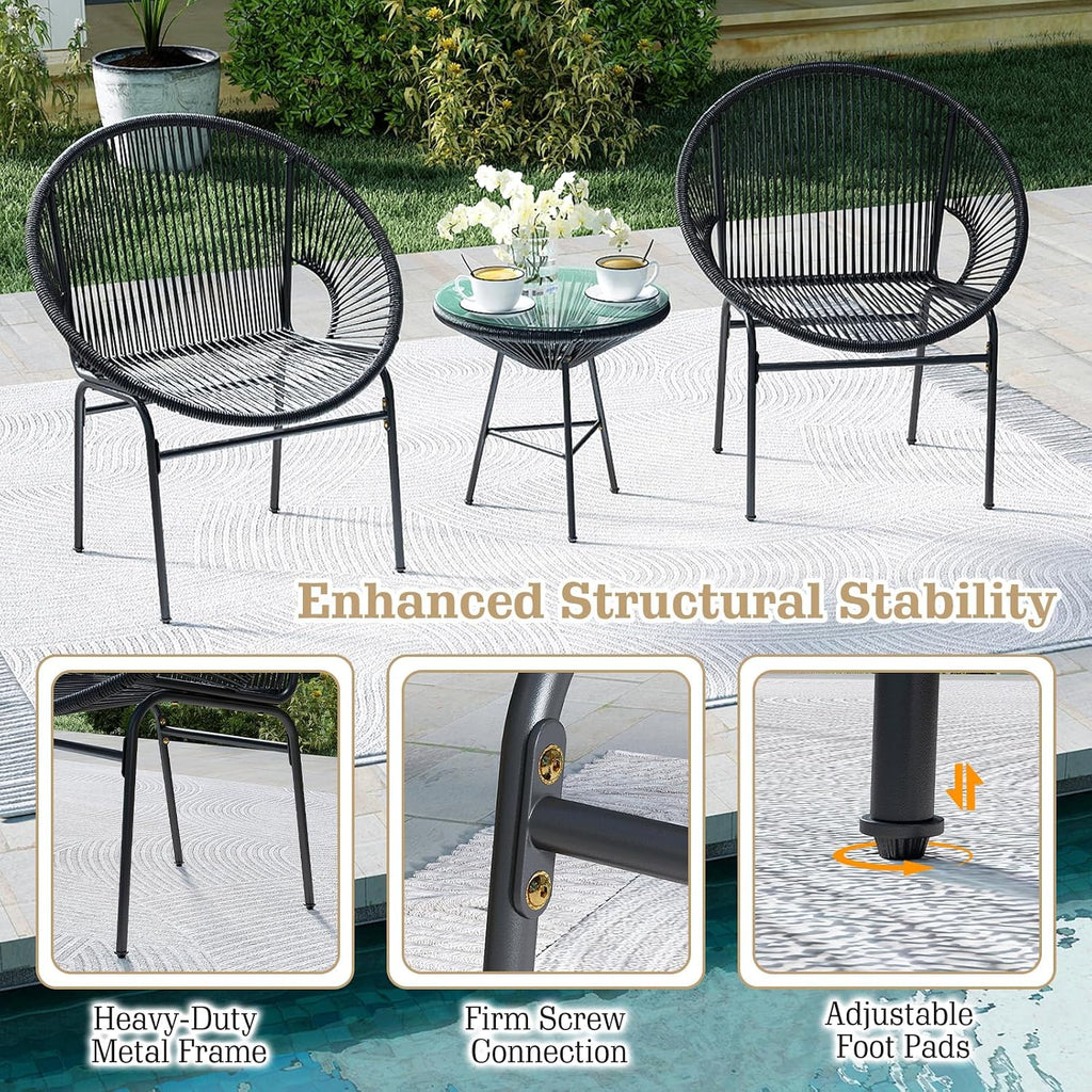 Tangkula 3 Piece Outdoor Patio Furniture Set, Acapulco Chair Set w/Plastic Rope, Tempered Glass Table, All Weather Patio Bistro Set for Patio, Lawn, Garden, Backyard (Black)