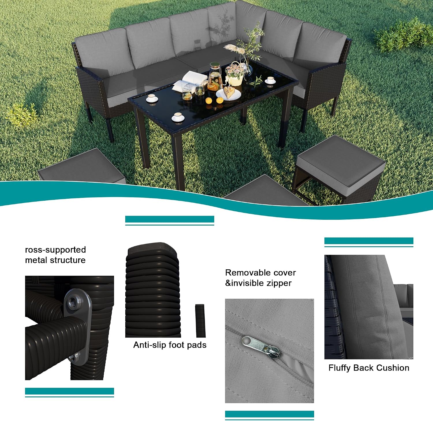 7-Piece Patio Furniture Set, Outdoor Conversation Set with Dining Table & Ottomans, PE Rattan Sofa Set with Throw Pillows and Cushions for Deck Yard Poolside, Gray