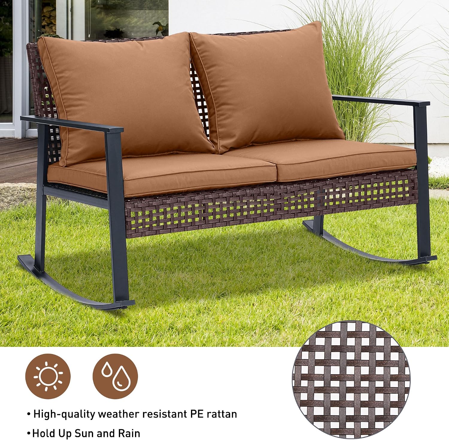 Ainfox Outdoor Wicker Loveseat Rocking Chair, Patio Rattan Rocker Chair with Cushions，All-Weather Modern Cozy Rocking Wicker Furniture for Garden Balcony Porch, Brown