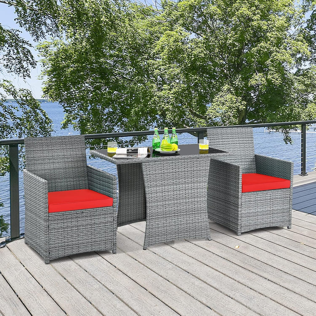 Tangkula 3 Pieces Patio Dining Set, Patiojoy Space-Saving PE Rattan Bistro Set with Tempered Glass Top Table and Cushioned Chairs, Outdoor Conversation Set for Garden, Backyard, Poolside, Porch (Red)