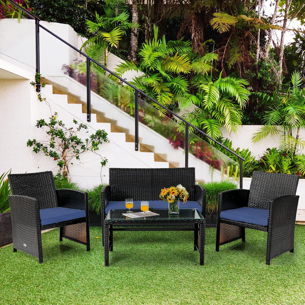 COSTWAY Patio Furniture Set 4 Pieces, Outdoor Wicker Chairs Sofa w/Coffee Table and Soft Cushions, Rattan Conversation Sets for Patio Lawn Backyard Yard Pool Garden, Navy