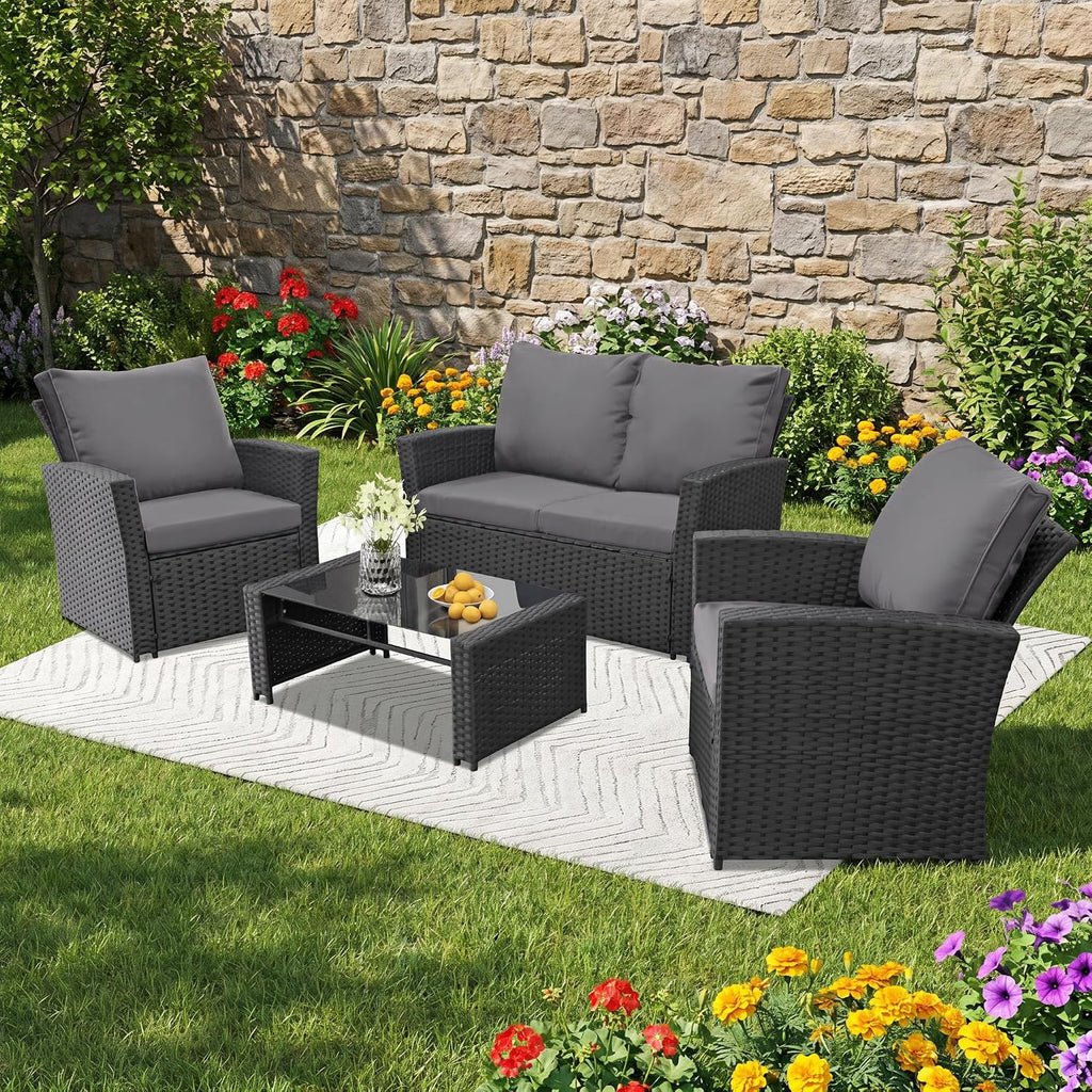 FHFO 4 Piece Patio Furniture Set, Wicker Outdoor Conversation Furniture Set, All Weather Patio Sofa Couch with Cushion & Glass Table, Black/Grey
