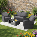 FHFO 4 Piece Patio Furniture Set, Wicker Outdoor Conversation Furniture Set, All Weather Patio Sofa Couch with Cushion & Glass Table, Black/Grey