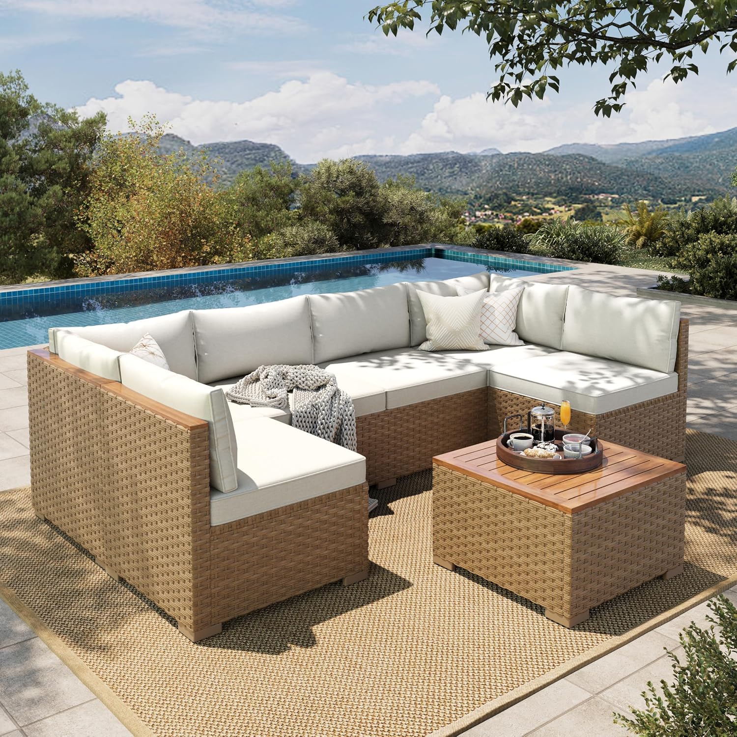 HERA'S HOUSE Wicker Patio Furniture Set, 5 Pieces Outdoor Sectional Sets with 6 Seats, Rattan Conversation Set with Sofa and Wood Coffee Table for Garden and Backyard, l Shape Boho Balcony Couch Set