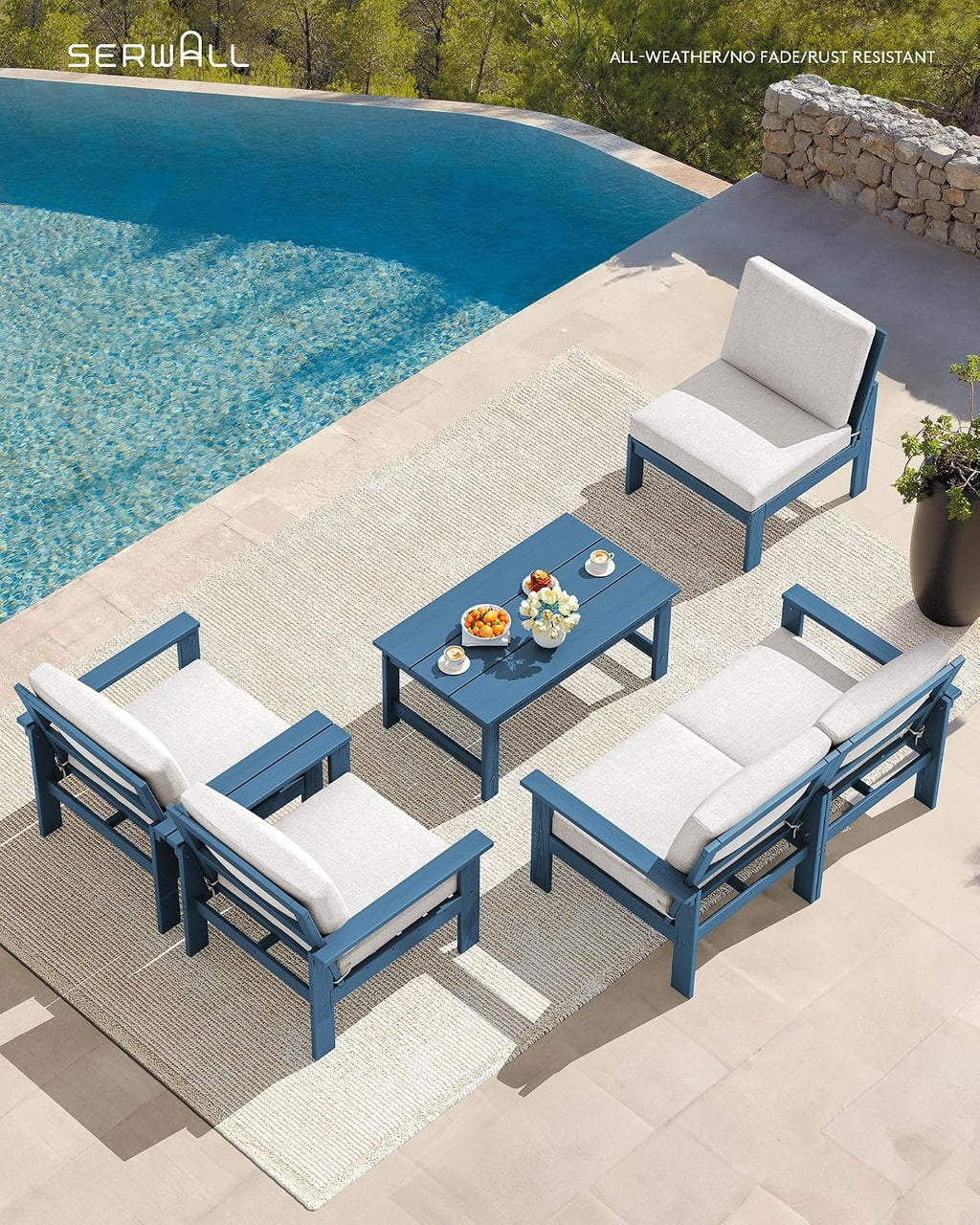 SERWALL HDPE Patio Conversation Set, 6-piece Sectional Outdoor Furniture Set, All Weather Outdoor Couch Set Patio Furniture Set for Deck, Lawn, Blue Frame with Beige Cushion