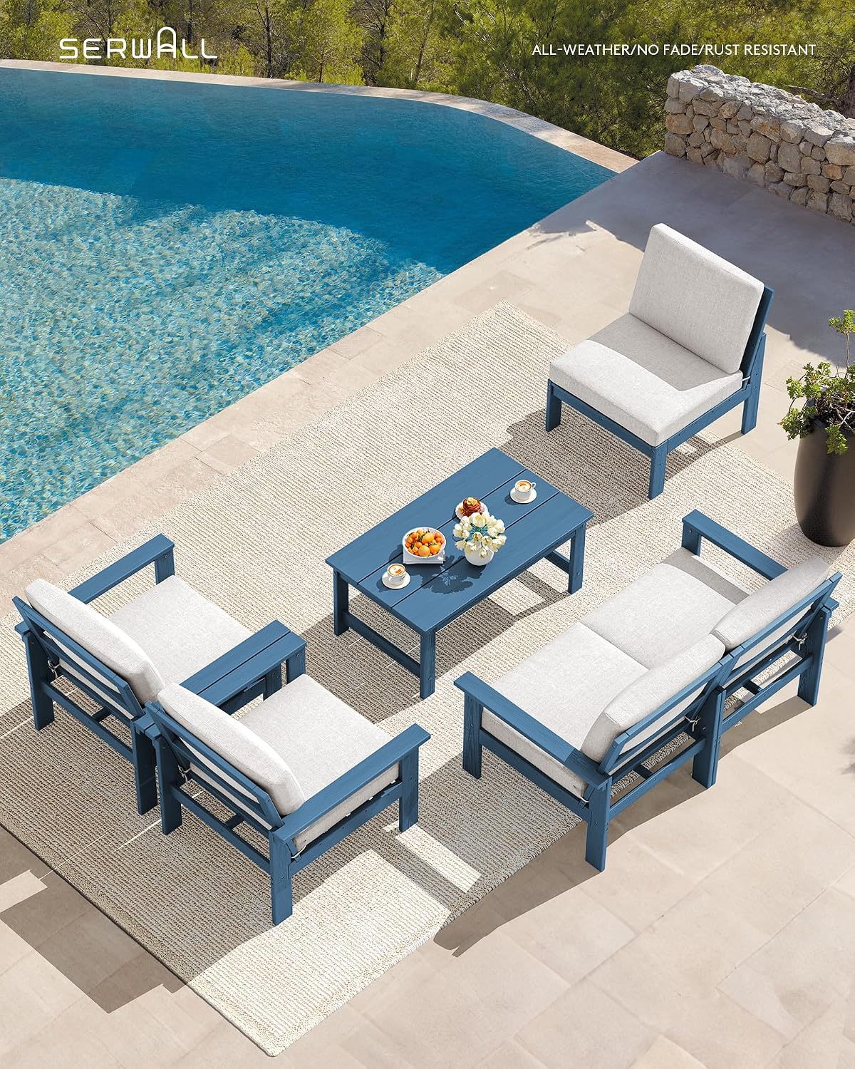 SERWALL HDPE Patio Conversation Set, 6-piece Sectional Outdoor Furniture Set, All Weather Outdoor Couch Set Patio Furniture Set for Deck, Lawn, Blue Frame with Beige Cushion
