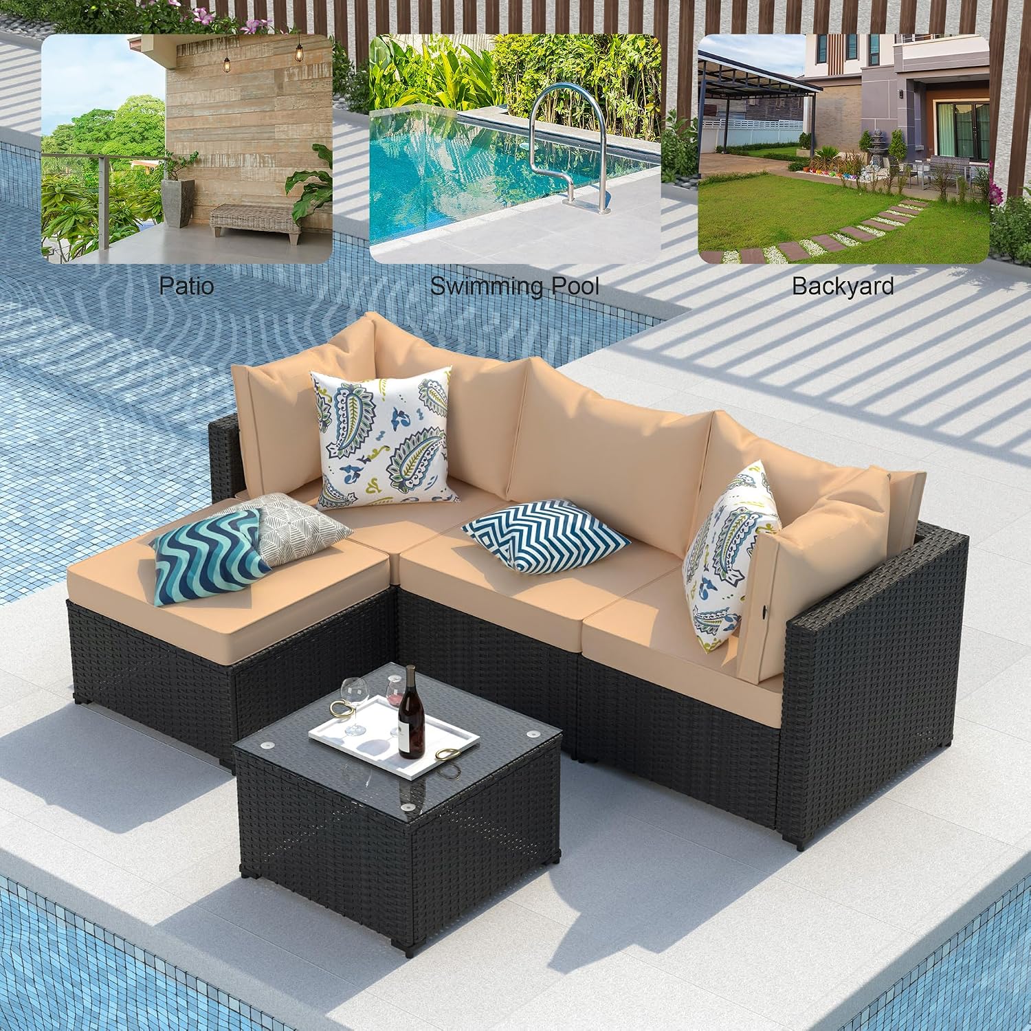 GOJOOASIS Patio Furniture Set Outdoor Sectional Sofa with Ottoman Wicker Couch Rattan Modular Seating Conversation Sets Porch Decor for Backyard, Balcony, Garden (Khaki)