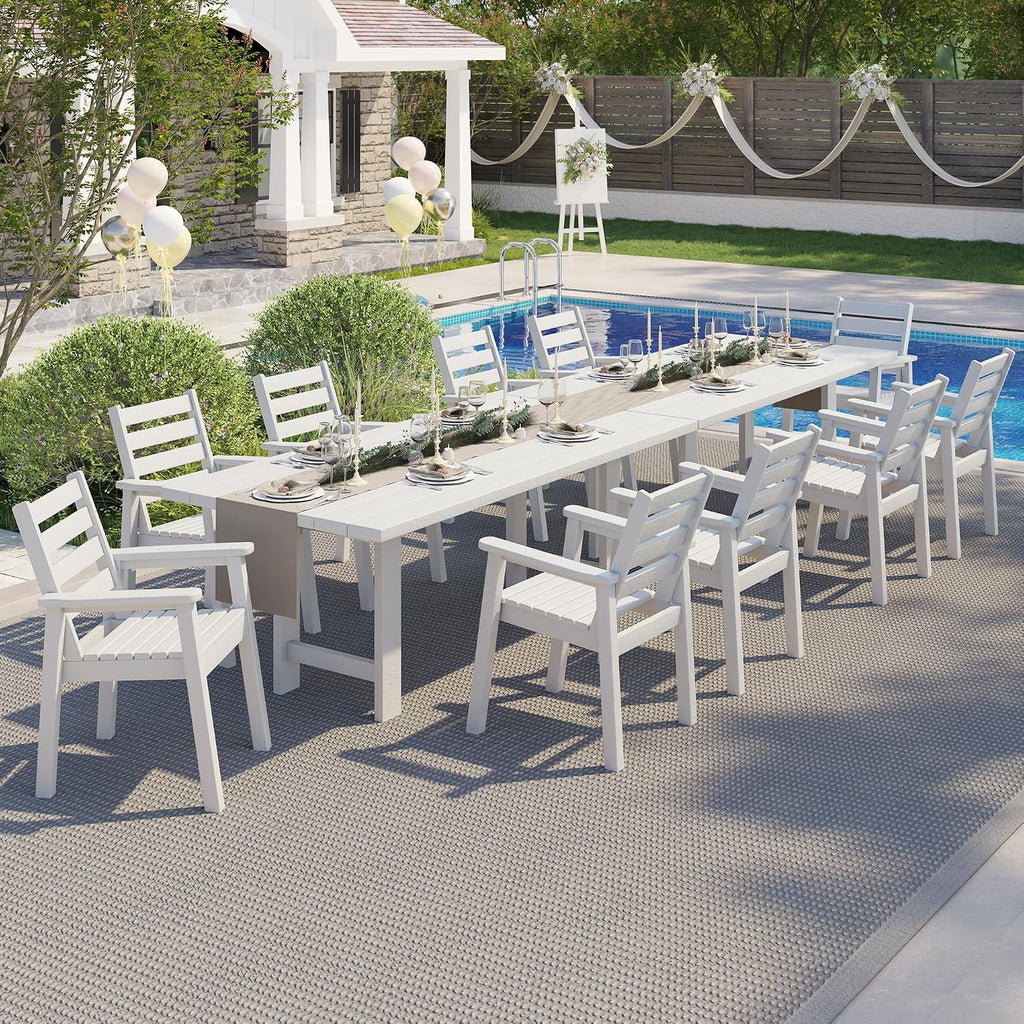 AMERLIFE Patio Dining Sets for 12 Person, HDPE Dining Set with 2 Tables, 12 Dining Chairs and Umbrella Hole for Backyard, Poolside, Porch, Seaside, White