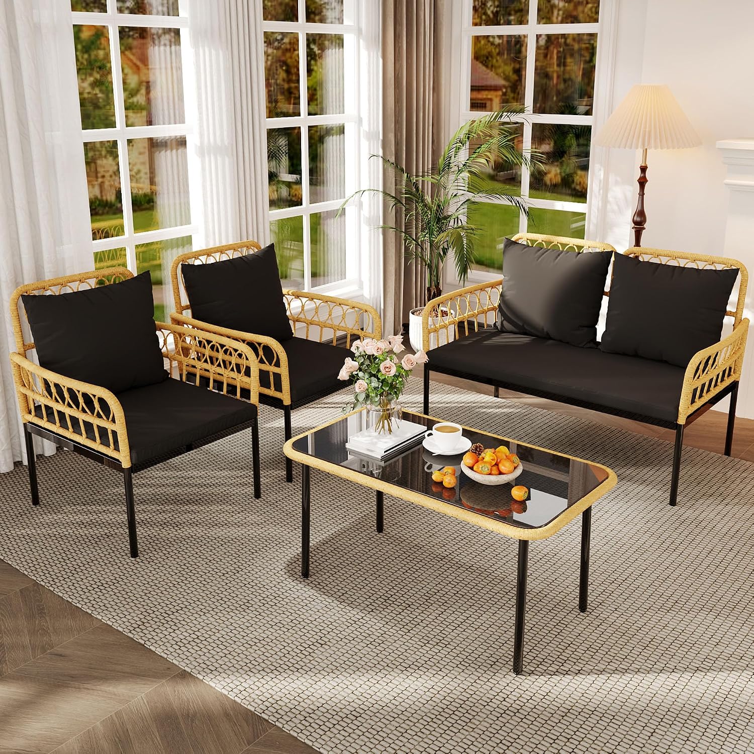 GarveeLife 4 Pieces Patio Furniture Sets Wicker Outdoor Patio Table and Chairs Set with Glass Side Table, Loveseat Chairs, Boho Rattan 4 Seater Conversation Sets for Backyard, Porch, Bistro, Black