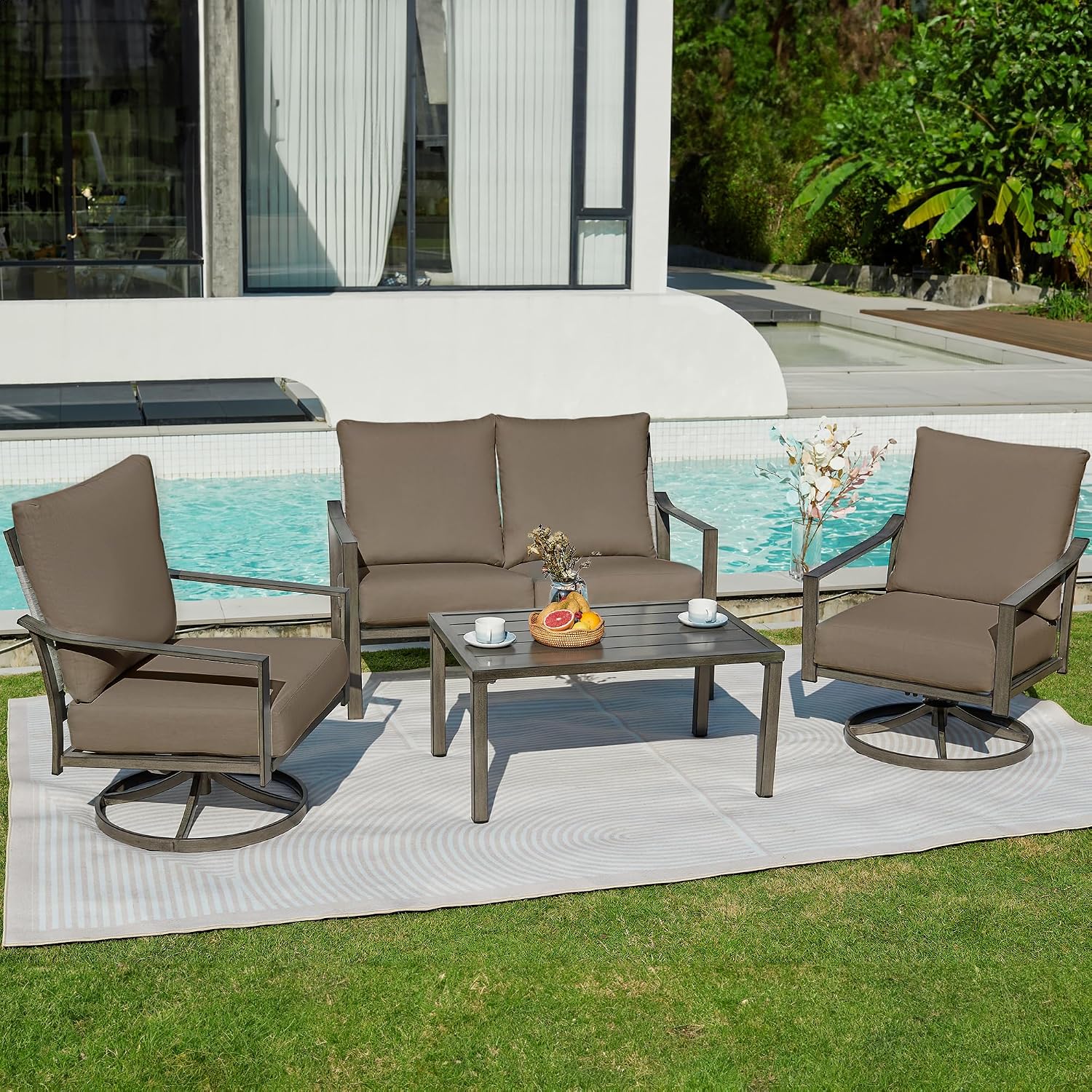 NATURAL EXPRESSIONS Patio Furniture Set,4 Piece Outdoor Conversation Metal Swivel Rocking Chairs Set with Hand-Woven Rope High Back,Sturdy Hand Brushed Wood Grain Finish Frame,6' Cushions for Yard