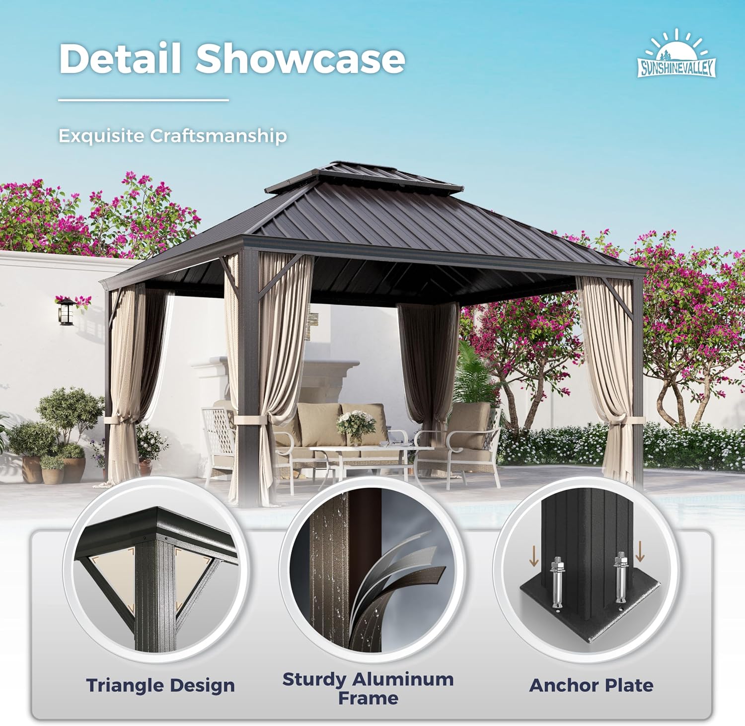 SUNSHINE VALLEY 12'x14' Hardtop Gazebo, Permanent Aluminum Outdoor Gazebo with Galvanized Steel Double Roof & Gutter System, Heavy Duty Patio Pavilion Canopy with Netting and Curtains for Deck, Garden