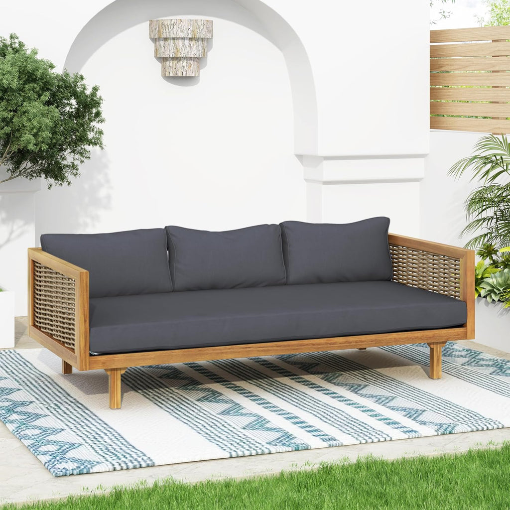 Christopher Knight Home Claremont Patio Sofa and Coffee Table Set, 2 Piece Wicker Patio Furniture Set, Acacia Wood 3 Seater Outdoor Sofa Daybed and Coffee Table Set, Teak+Dark Grey