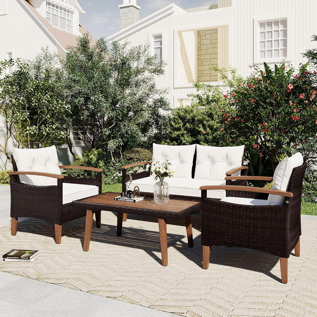 Merax Patio Furniture Sets 4 Pieces, All Weather Outdoor PE Rattan Sofa with Wood Table and Legs, for Lawn, Backyard, Poolside or Garden, Beige