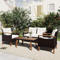 Merax Patio Furniture Sets 4 Pieces, All Weather Outdoor PE Rattan Sofa with Wood Table and Legs, for Lawn, Backyard, Poolside or Garden, Beige