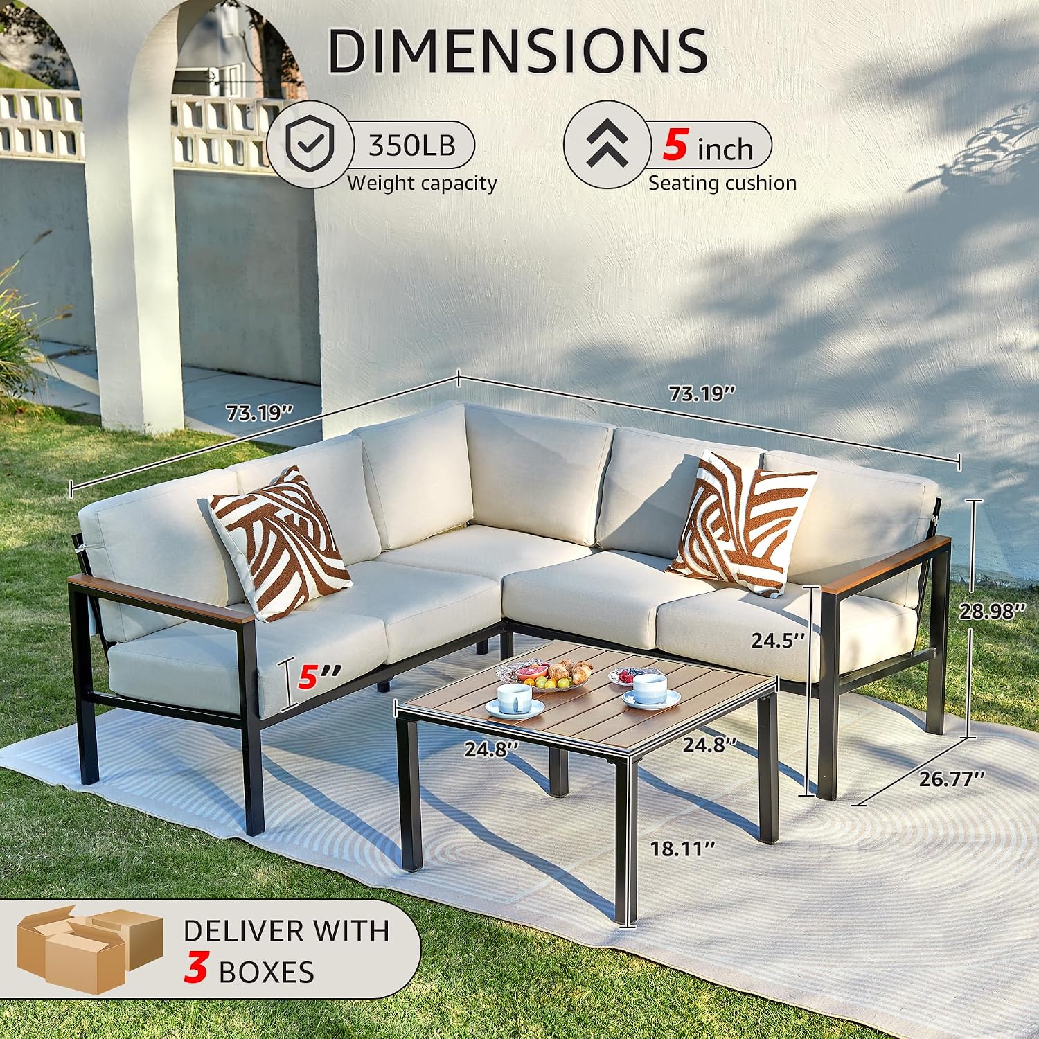 NATURAL EXPRESSIONS 6 Pieces Patio Furniture Set, Outdoor Couch with Thick Olefin Cushions, Fauxwood Armrest and Tabletop, Ergonomic Design Highback, Sectional Outdoor Furniture for Backyard, Deck