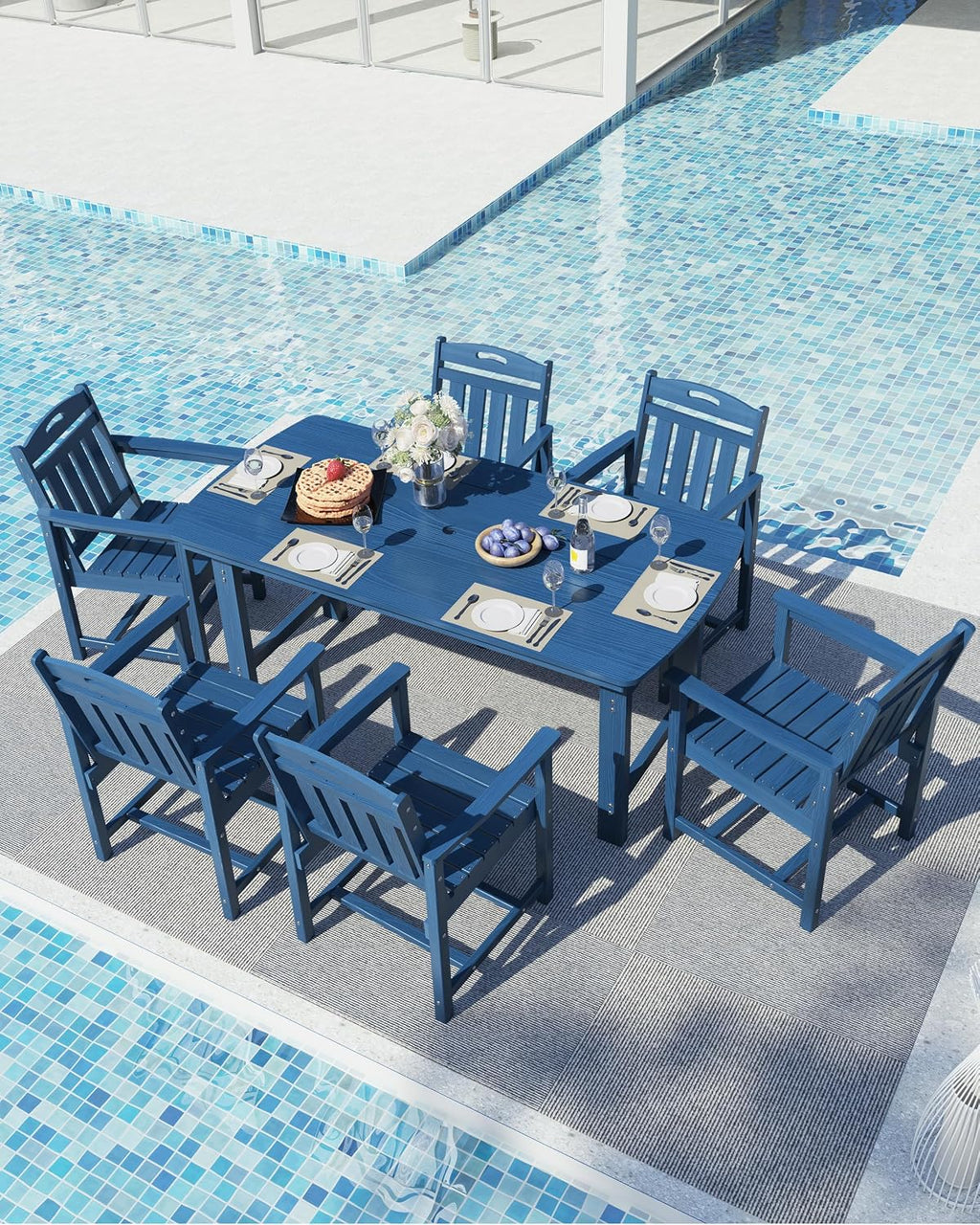 Ciokea HDPE Outdoor Dining Set, 7-Piece Patio Table and Chairs Set with Umbrella Hole, All-Weather Patio Dining Sets for 6, Durable Patio Furniture for Backyard, Garden, Lawn & Poolside, Navy Blue
