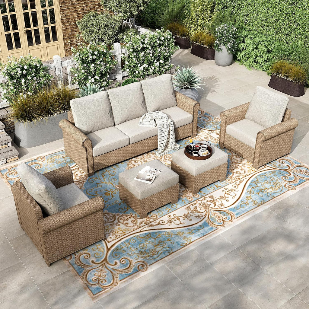HERA'S HOUSE 5 Pieces Patio Furniture Set, All Weather 7 Seats Outdoor Wicker Sofa with Ottoman, 5.5' Thick Waterproof Cushion Conversation Set for Garden Deck Backyard, Beige