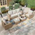 HERA'S HOUSE 5 Pieces Patio Furniture Set, All Weather 7 Seats Outdoor Wicker Sofa with Ottoman, 5.5' Thick Waterproof Cushion Conversation Set for Garden Deck Backyard, Beige