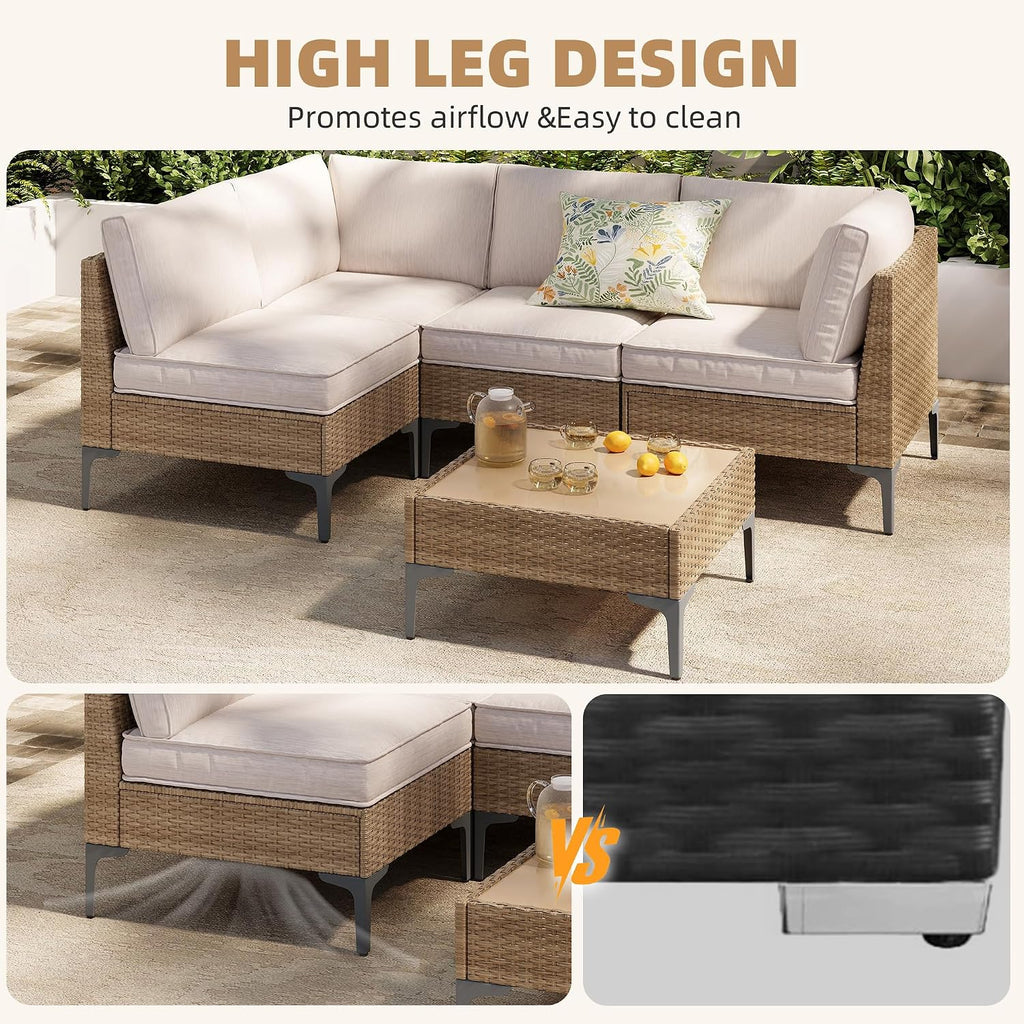 5-Piece Patio Furniture Set, Outdoor Wicker Sectional Sofa with Coffee Table, Anti-Slip & Thick All-Weather Cushions for Party, Garden, Backyard, Beige