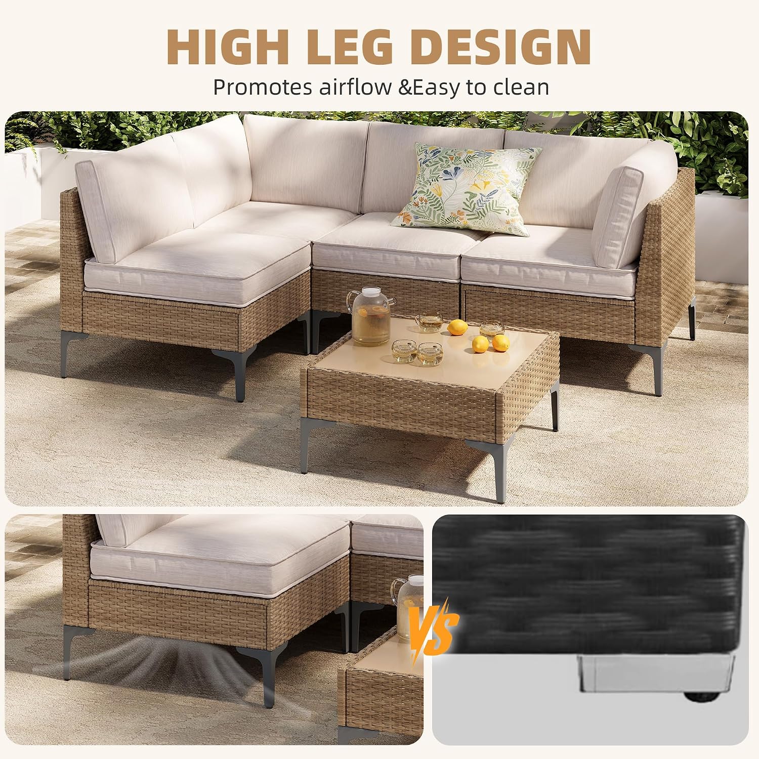 5-Piece Patio Furniture Set, Outdoor Wicker Sectional Sofa with Coffee Table, Anti-Slip & Thick All-Weather Cushions for Party, Garden, Backyard, Beige