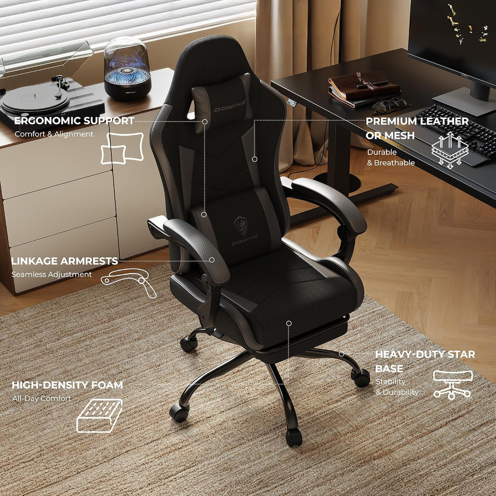 Gaming Chair with Footrest, Ergonomic 330lbs Leather Mesh Chair, Massage Lumbar Support, Adjustable Height & Headrest Pillow, Breathable Seat for Office, Home, Streaming, Long Gaming Sessions, Black
