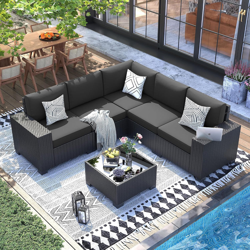 UDPATIO 6 Piece Patio Furniture Set, Outdoor Wicker Sectional Sofa with 8'' Wide Armrests, Modular Patio Conversation Set with Coffee Table for Backyard, Deck, Garden