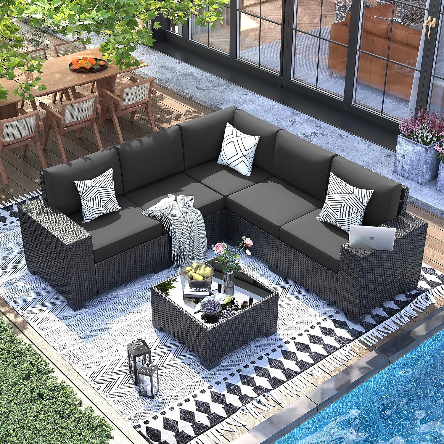 UDPATIO 6 Piece Patio Furniture Set, Outdoor Wicker Sectional Sofa with 8'' Wide Armrests, Modular Patio Conversation Set with Coffee Table for Backyard, Deck, Garden