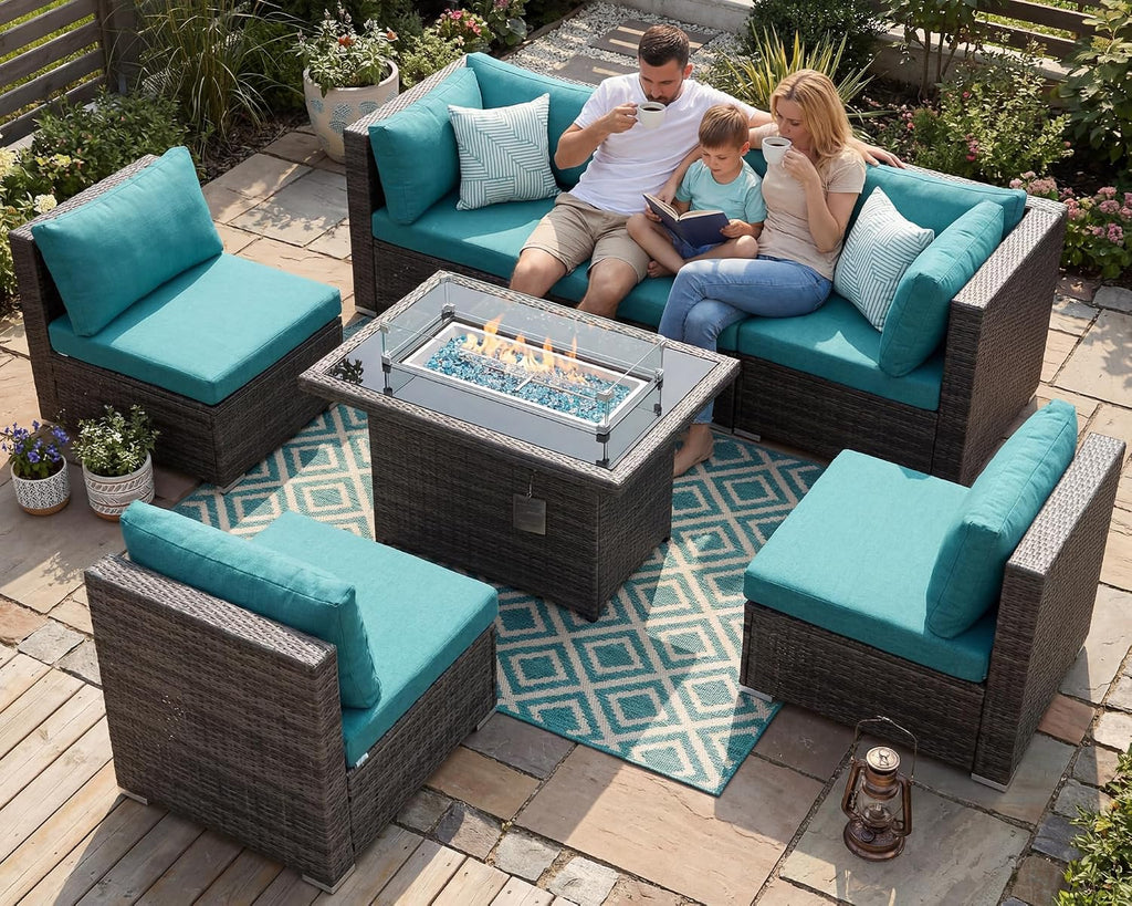 BULEXYARD 7 Piece High Back Outdoor Furniture Set with Fire Pit, Durable All Weather Wicker Patio Couch Sofa Set, Oversized Modular 6-Seater Sectional Backyard Seating Wide Deep for Lawn, Grey & Teal