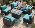 BULEXYARD 7 Piece High Back Outdoor Furniture Set with Fire Pit, Durable All Weather Wicker Patio Couch Sofa Set, Oversized Modular 6-Seater Sectional Backyard Seating Wide Deep for Lawn, Grey & Teal