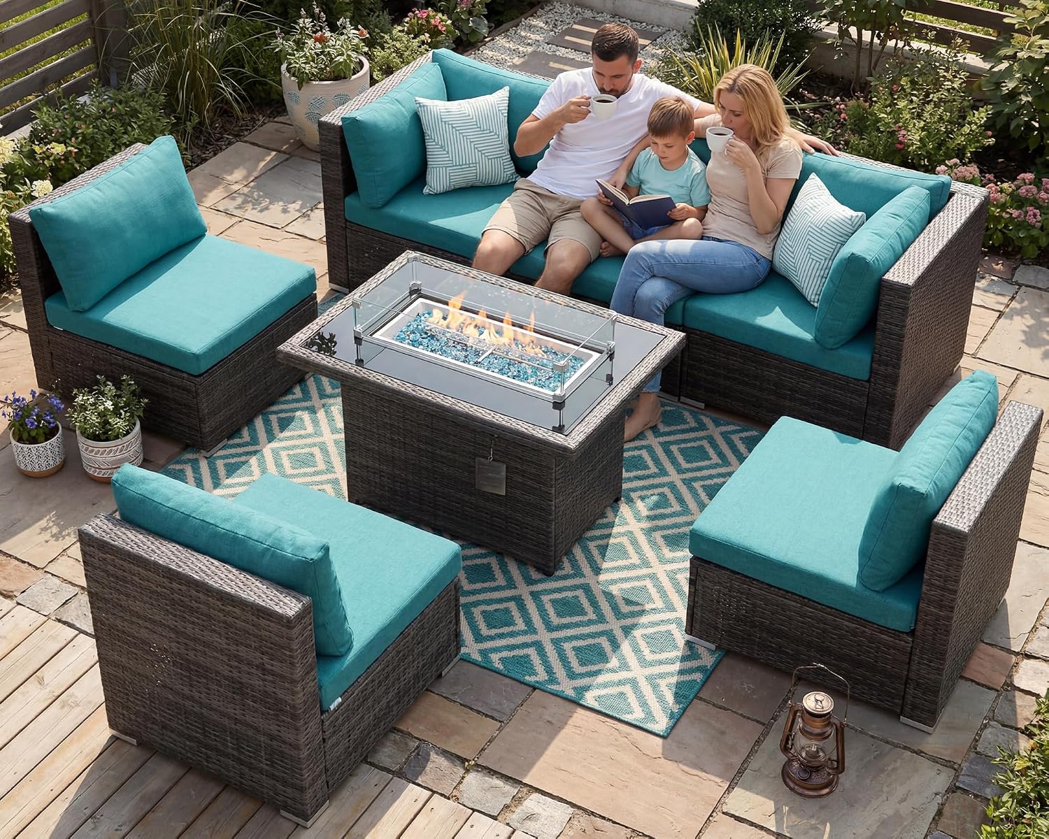 BULEXYARD 7 Piece High Back Outdoor Furniture Set with Fire Pit, Durable All Weather Wicker Patio Couch Sofa Set, Oversized Modular 6-Seater Sectional Backyard Seating Wide Deep for Lawn, Grey & Teal