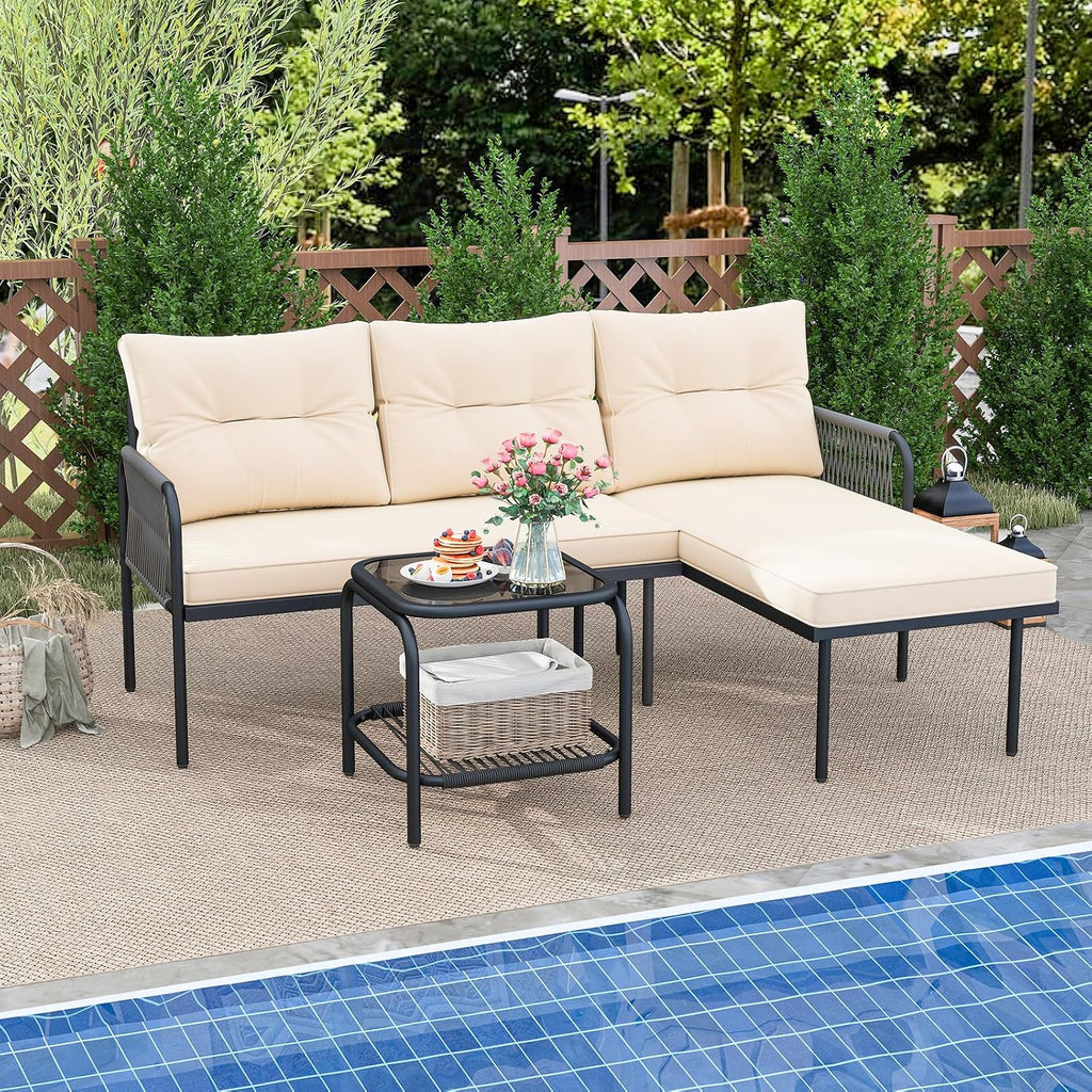 Tangkula 3-Piece L Shaped Patio Furniture Set, PE Rattan Sectional Sofas with Tempered Glass Table, Back and Seat Cushions, Outdoor Conversation Set for Porch, Backyard and Poolside