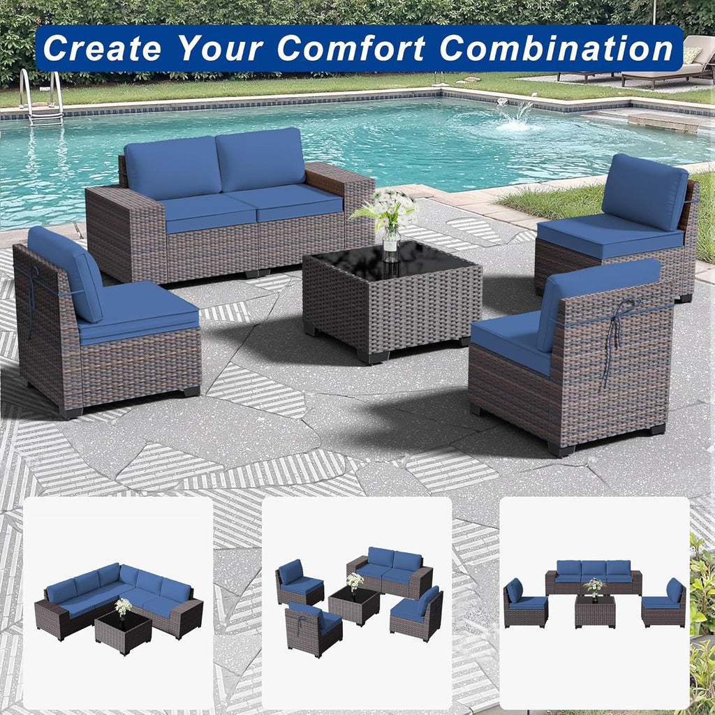 Outdoor Patio Furniture Set, 6 Pieces Outdoor Sectional Furniture High Backrest Patio Sofa, All-Weather PE Rattan Patio Conversation Set with Coffee Table & Cushions(Dark Blue).