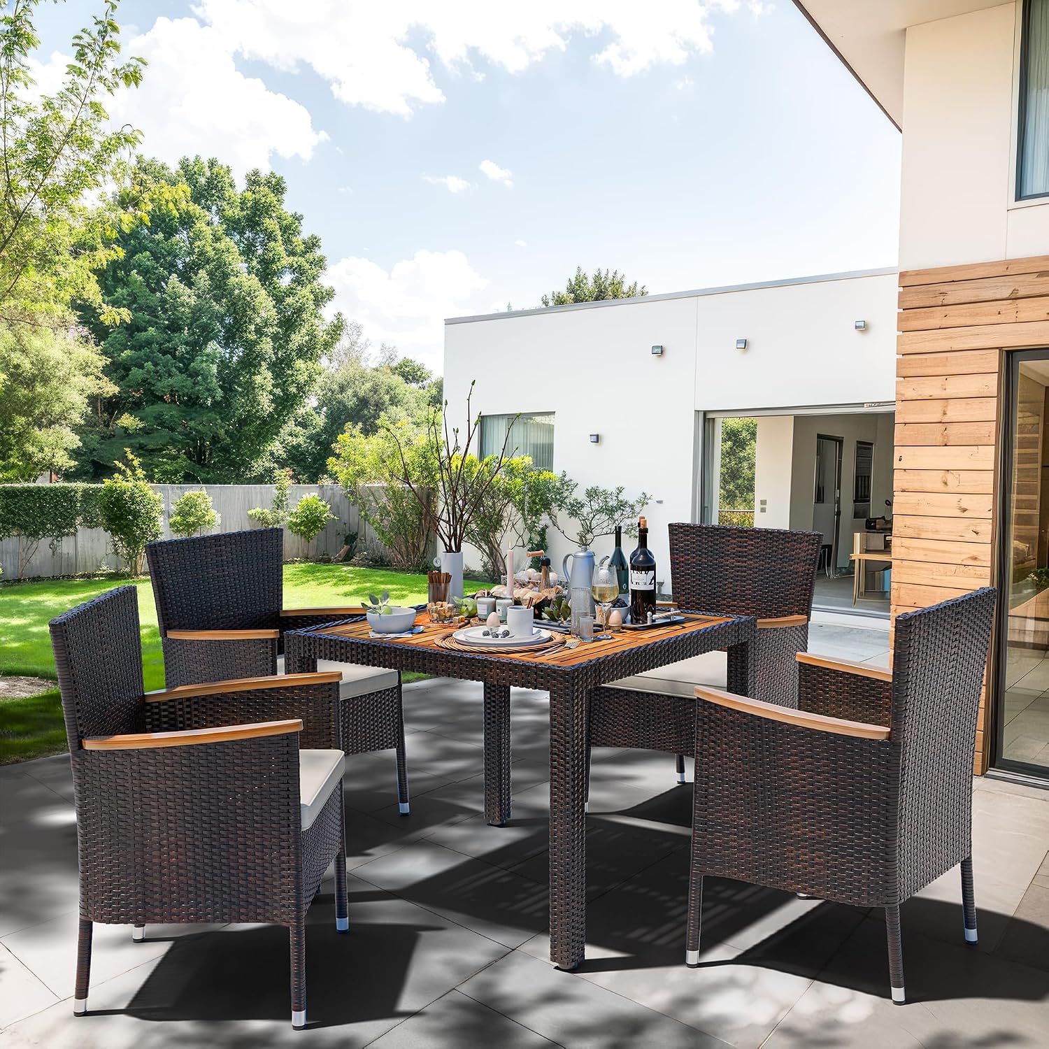 Shintenchi 5 PCS Patio Dining Set, Wicker Outdoor Table and Chairs with Soft Cushions, Patio Furniture Set with Wood Table Top for Backyard, Deck and Garden, Brown Rattan
