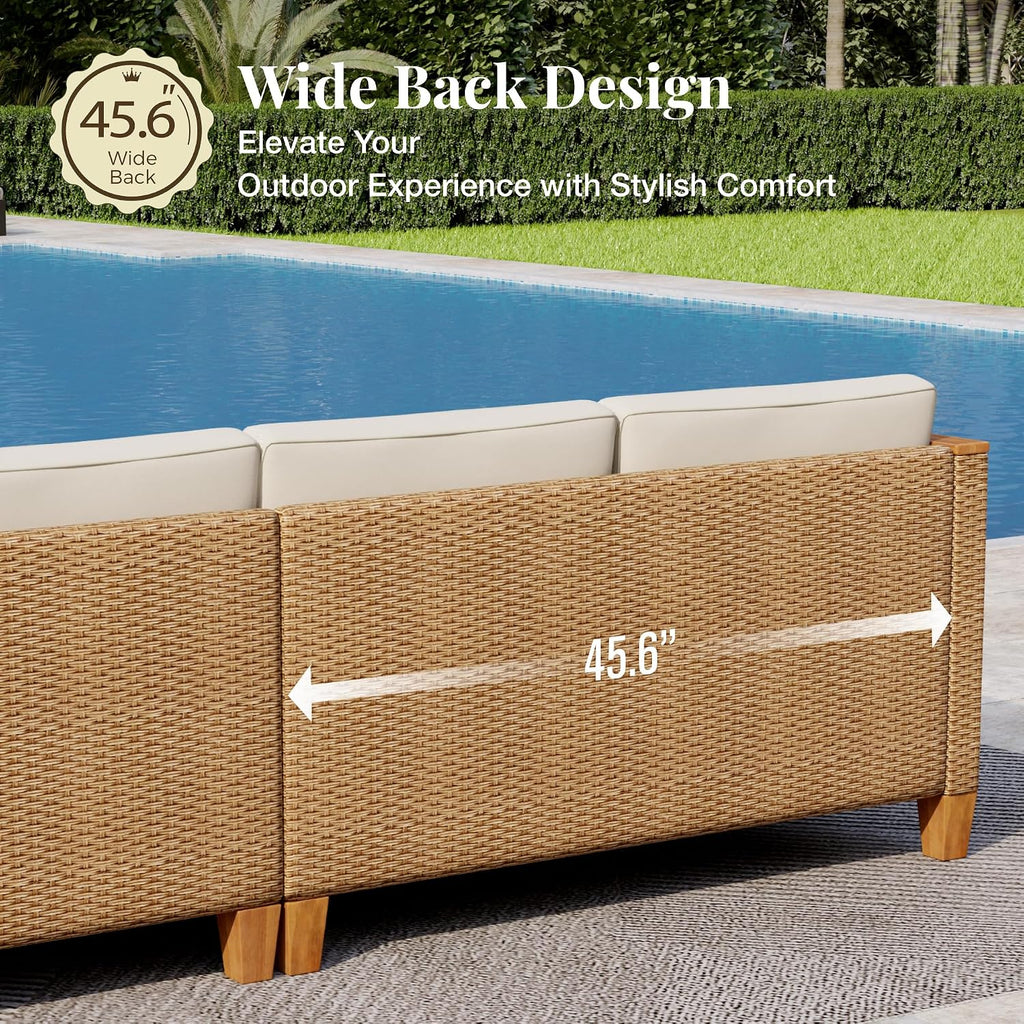 MIXPATIO Wicker Outdoor Patio Furniture Set 3 Pieces Patio Chaise Longue Conversation Set, Rattan L-Shaped Sofa Couch with Acacia Wood Coffee Table for Deck Porch and Garden