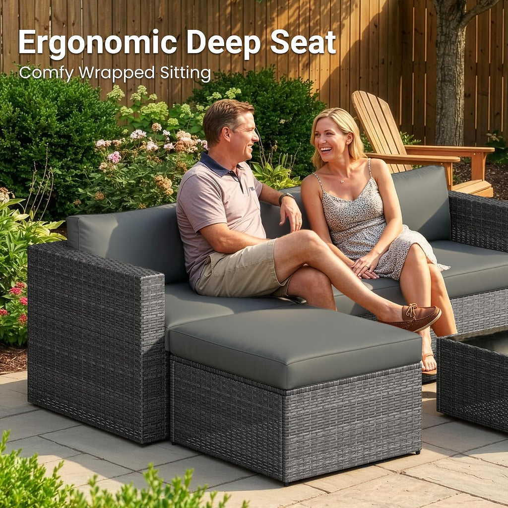 Wisteria Lane 5-Pieces Outdoor Patio Furniture Set, All Weather Wicker Rattan Sectional Sofa, Patio Conversation Set with Cushions & Glass Coffee Table for Backyard Porch Garden Balcony, Grey