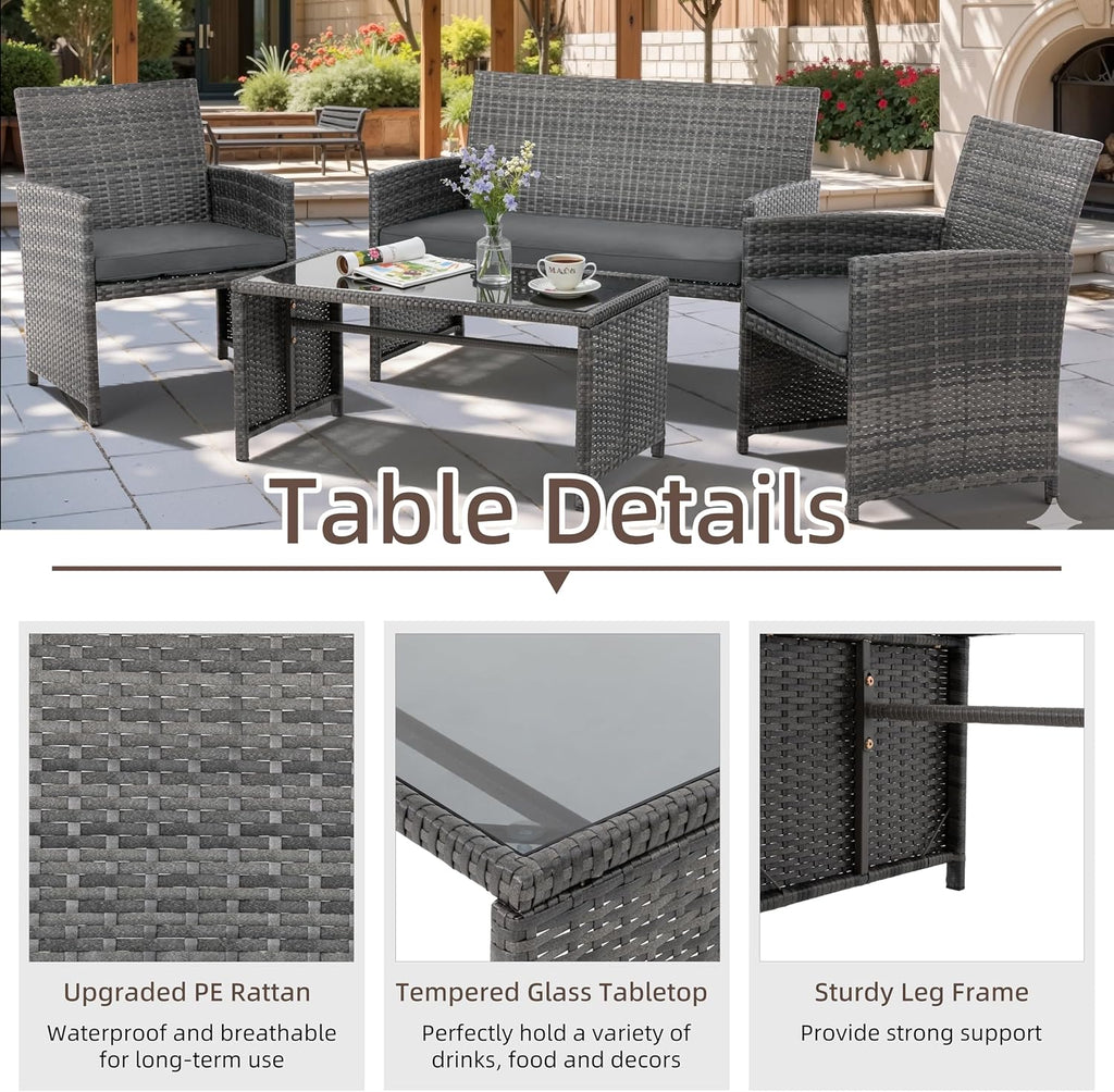 4 Piece Patio Ratten Set Outdoor Furniture Set Wicker Conversation Set with Cushions and Tempered Glass Tabletop,Grey