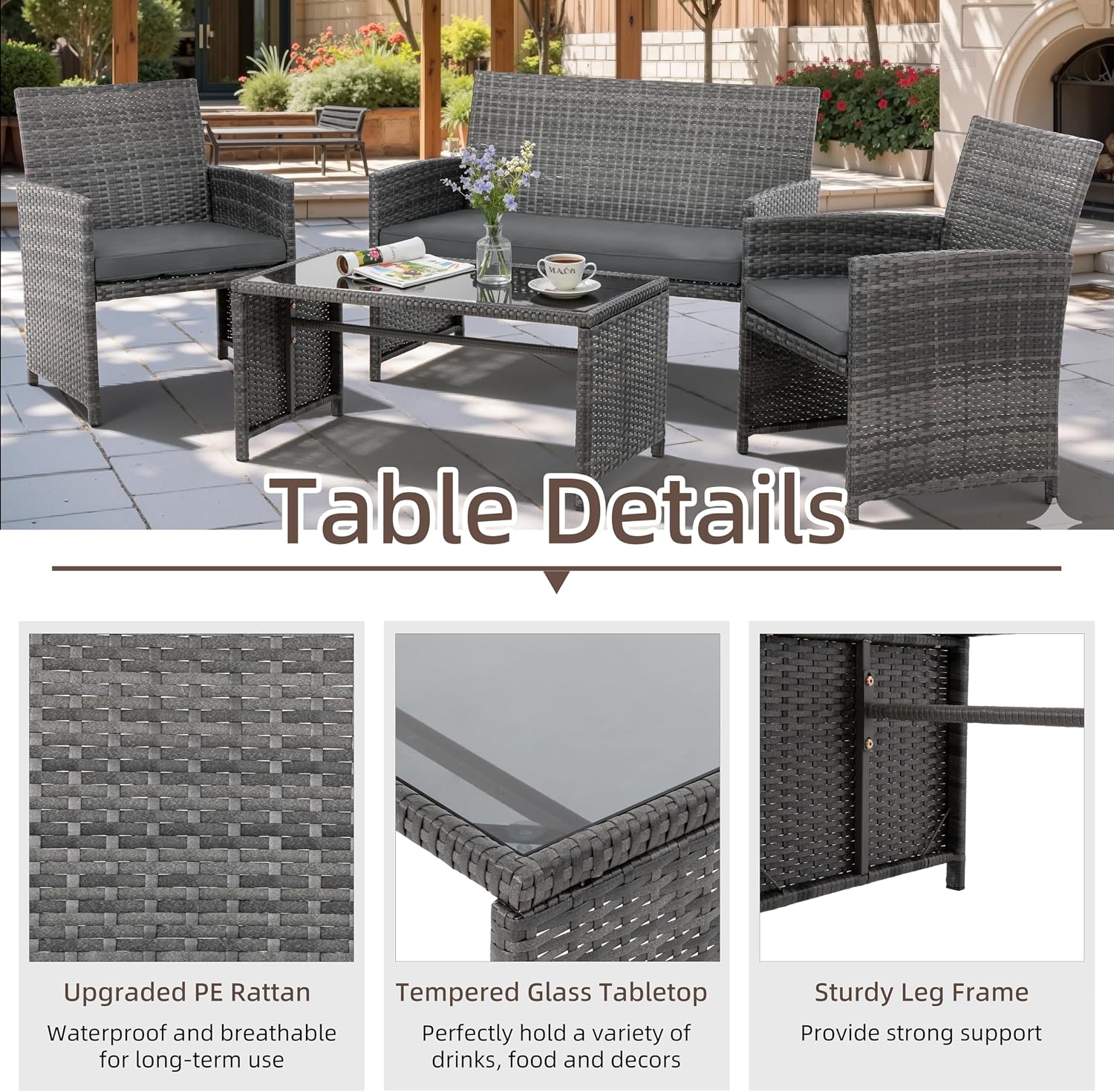 4 Piece Patio Ratten Set Outdoor Furniture Set Wicker Conversation Set with Cushions and Tempered Glass Tabletop,Grey