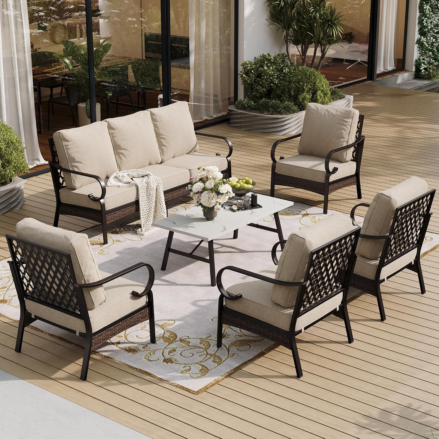 SUNSHINE VALLEY 6 Piece Metal Outdoor Patio Furniture Sets, Patio Conversation Sets 1 3-Seater Sofa, 4 Single Sofa with 5.75' Extra Thick Cushion & Coffee Table, Black Frame Backyard Furniture, Beige