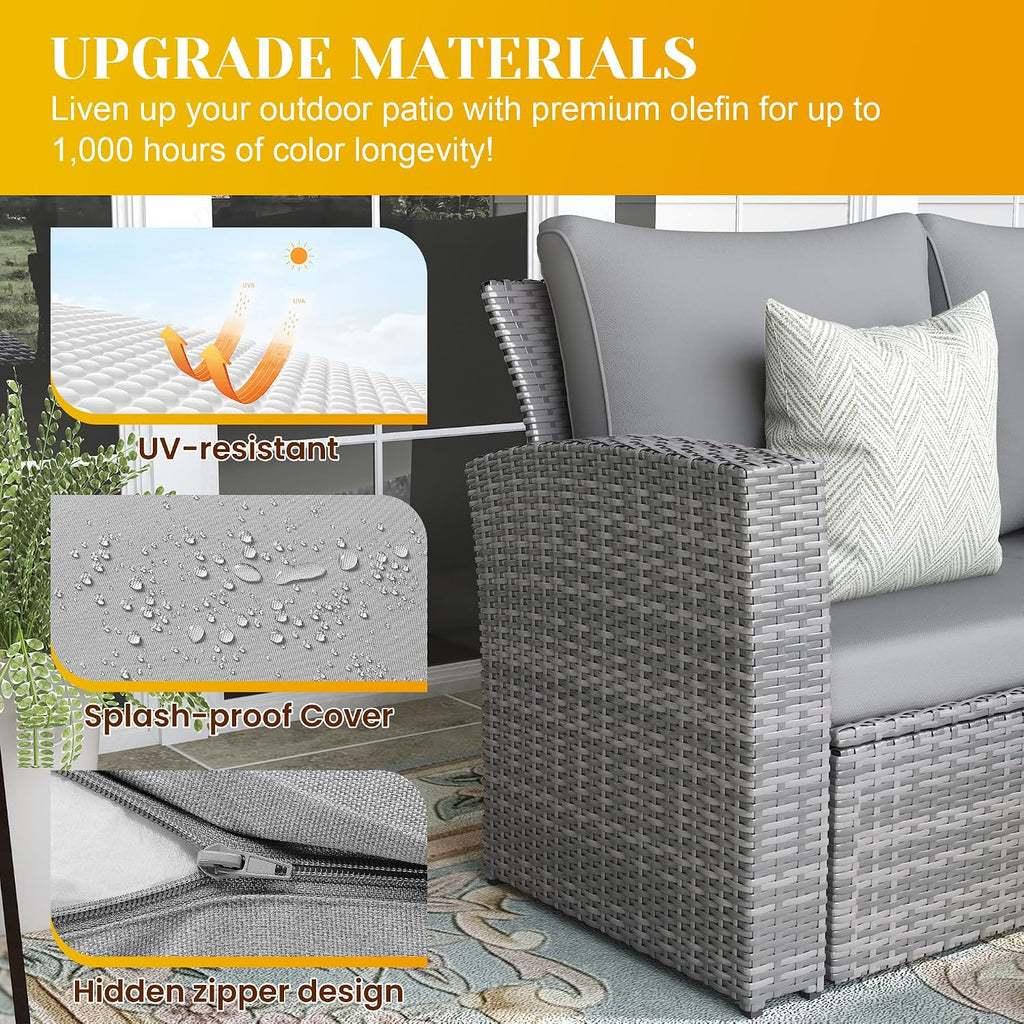 FansaFurn 4-Piece Outdoor Patio Furniture Set, All Weather Wicker Rattan Sectional Sofa Conversation Seating Set with Cushions & Large Glass Coffee Table, Ideal for Garden Backyard Porch, Grey