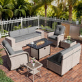 10 Pieces Patio Furniture Set with Fire Pit Table, Outdoor Sectional Wicker Sofa with Thick Cushions, High Back Swivel Rocker Patio Chairs, Rattan Conversation Set with Coffee Table, Grey