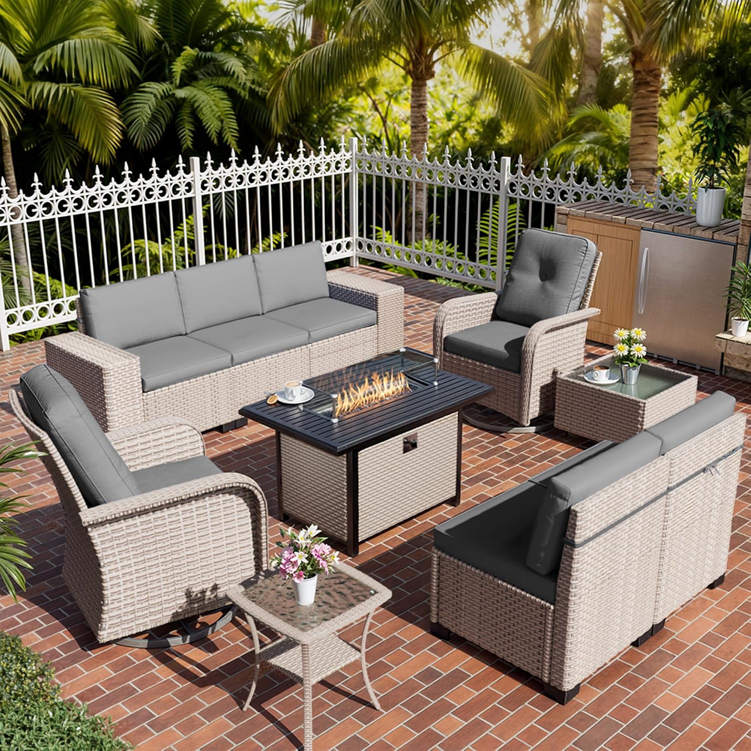 10 Pieces Patio Furniture Set with Fire Pit Table, Outdoor Sectional Wicker Sofa with Thick Cushions, High Back Swivel Rocker Patio Chairs, Rattan Conversation Set with Coffee Table, Grey
