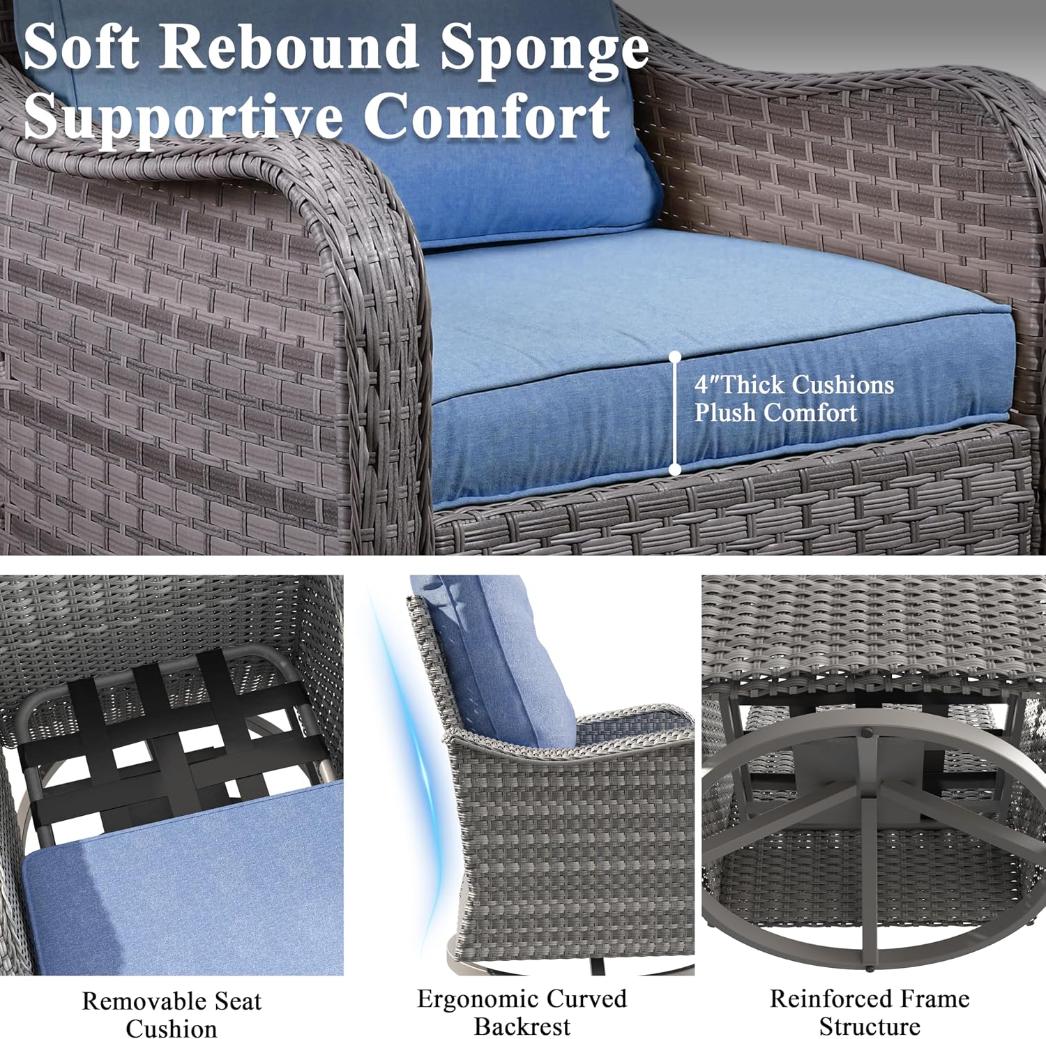 2-Seat Modern Patio Furniture Set with Swivel Rocking Chairs, Thick 4″ Cushions, Dual-Strand Wicker Rattan, Rust-Resistant Steel Frame – Outdoor Conversation & Modular Sectional,Navy