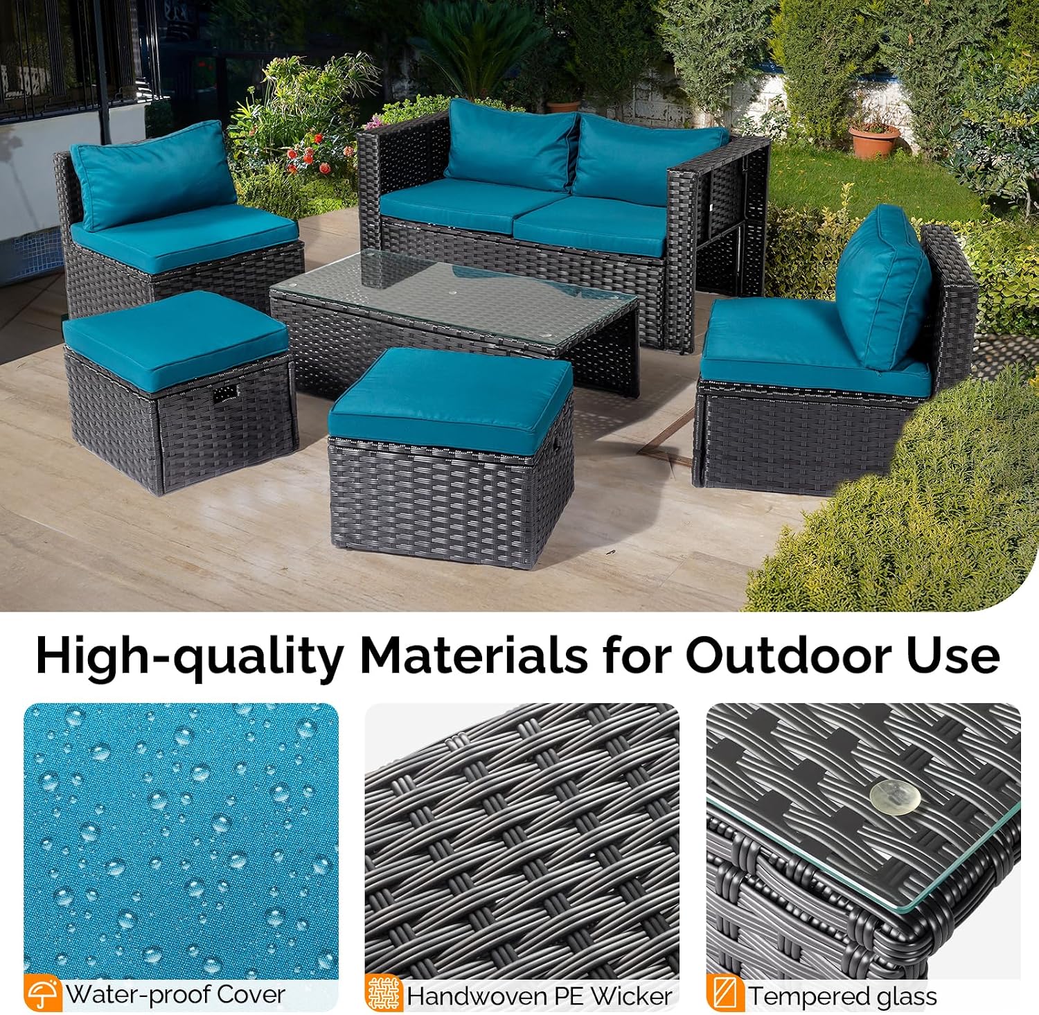VINGLI 6 Pieces Wicker Patio Furniture Set, Outdoor Sectional Furniture Patio Conversation Set Space-Saving Design with Ottomans and Coffee Table for Garden,Poolside, Backyard (Black)
