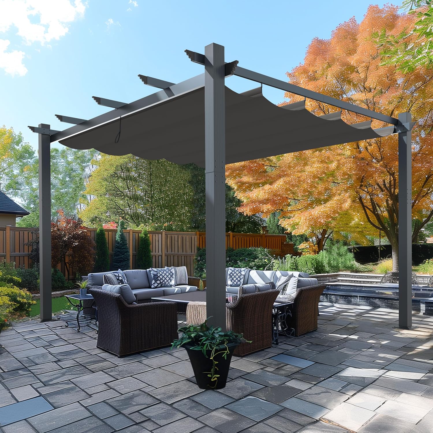 VEIKOU 13x10ft Pergola, Aluminum Pergola w/Thicker Post & Upgraded Retractable Canopy, Metal Gazebos Heavy-Duty Outdoor Shelter for Porch Yard, Gray
