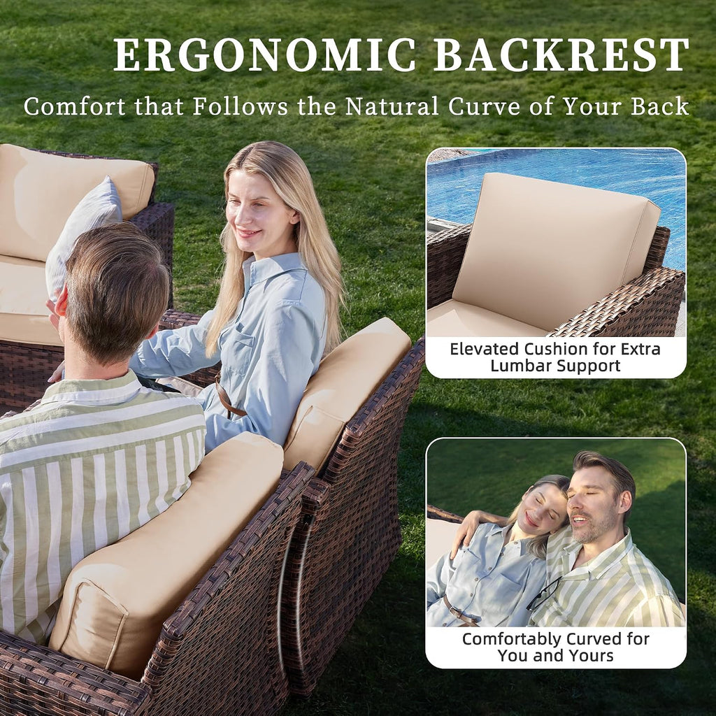UDPATIO Patio Furniture Set, 5 Pieces Outdoor Conversation Sets with Rocking Swivel Chairs, Wicker Rattan Outdoor Sofa Set with Storage Table and Waterproof Covers for Backyard, Deck, Porch, Khaki